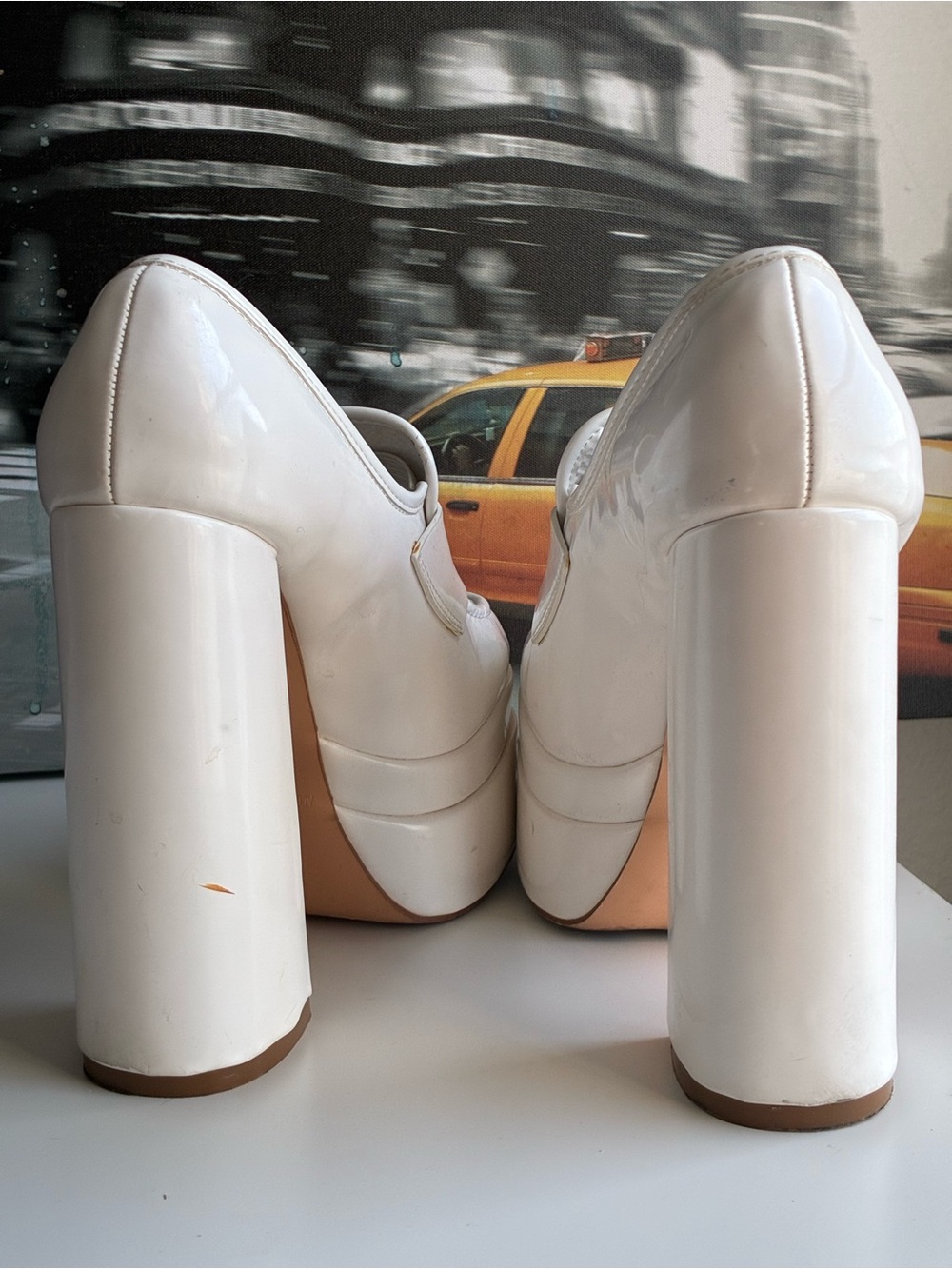 White Platform Block Heel Loafer Pumps - Women - Picture 3 of 5